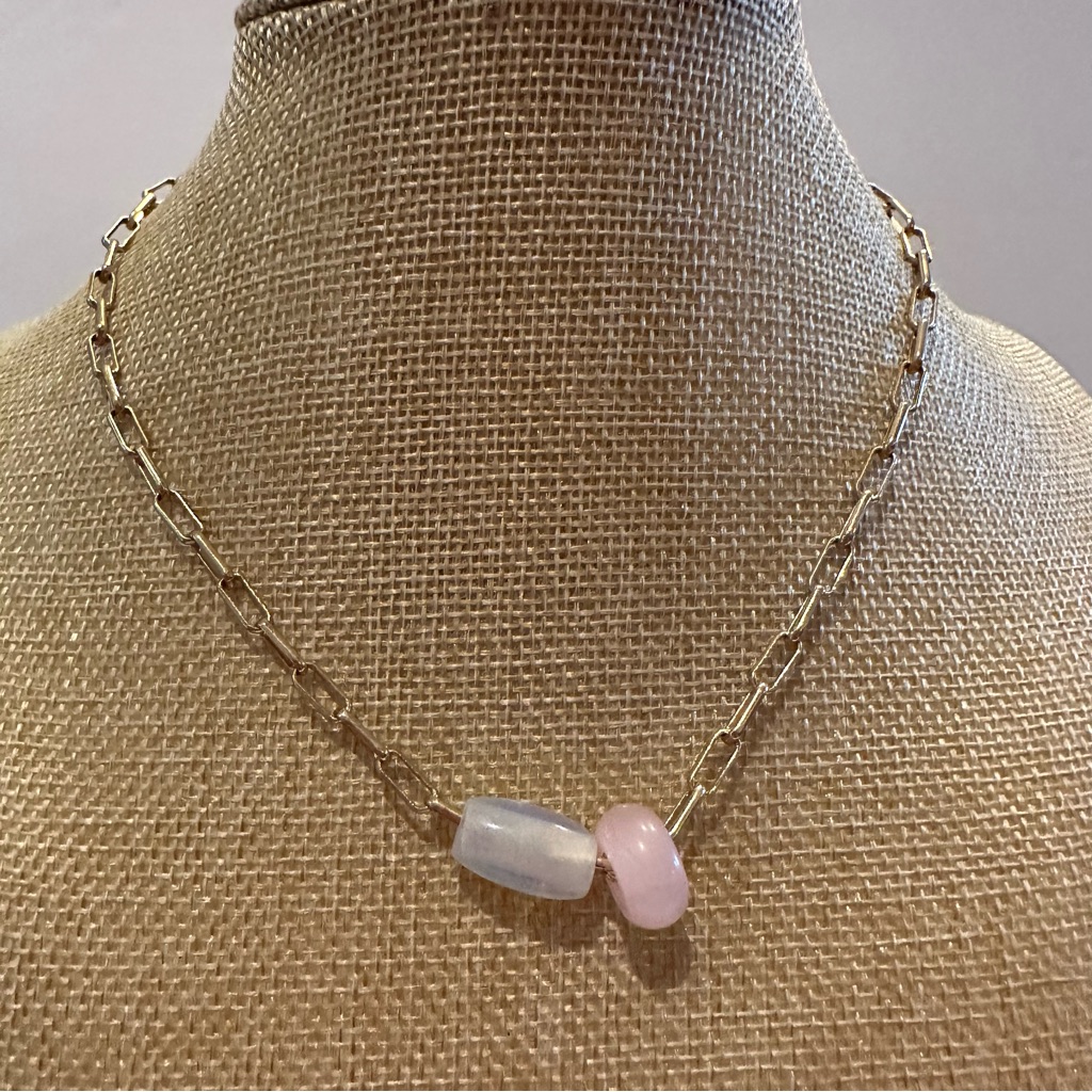 Nwt Ballet Brand Necklace Macys Gold Tone Paperclip W Pink White Glass 28$